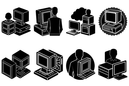 Illustration of various computer setups including desktop and server configurations in black and white style