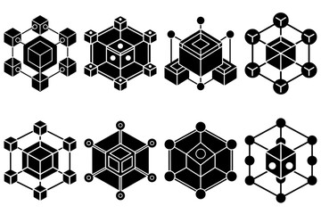 Poster - Eight abstract black and white isometric cube structures with connecting lines and shapes displayed