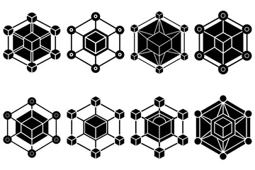 Poster - Collection of eight isometric cube structures with variations in design and perspective in black and white