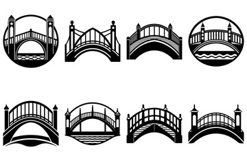Poster - Collection of eight bridge silhouettes in varying designs and enclosed in different shapes and orientations