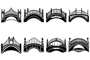 Poster - Collection of eight different bridge silhouettes in black and white showing various architectural styles