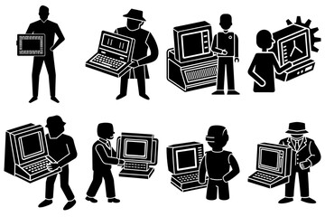 Poster - Illustration of people with computers, laptops, and a circuit board in black and white style