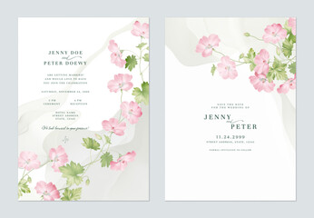 Wall Mural - wedding invitation and save the date template set of elegant pink geranium mavis simpson flowers and