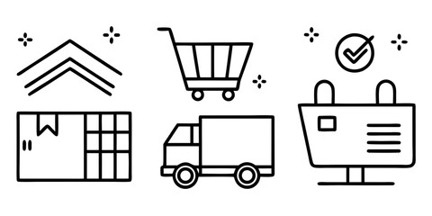 Fototapete - Depicts a modern minimalist line drawing of online shopping with a package, cart, truck, and computer monitor for delivery and e-commerce designs.
