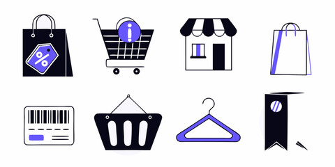 Fototapete - Various e-commerce shopping icons represent online retail, including bags, carts, and a store building, ideal for business and web design.