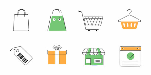 Fototapete - Shopping icons present a clean and modern design suitable for e-commerce, retail, and promotion materials, featuring shopping bags, cart, and gifts.