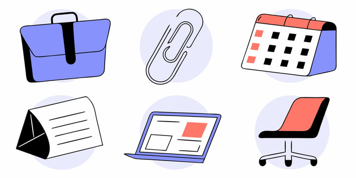 A collection of essential office supplies and tools for business administration, representing work, schedule, and daily tasks in a minimalist style.