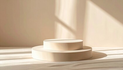 Poster - Minimalist White Three-Tiered Platform Display Stands with Natural Shadowing and Soft Lighting in a Modern Interior Setting for Product Presentation