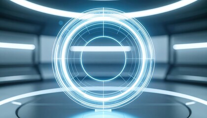Poster - Futuristic technological interface with glowing circular holographic display in a sleek modern high-tech environment with digital elements and blue lighting