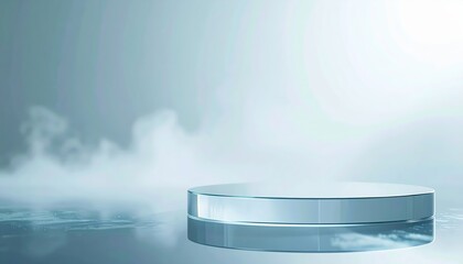 Poster - Modern round display platform with smooth glass surface on calm water in minimalistic bright studio setting illuminated by soft natural light