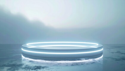Poster - Futuristic illuminated circular platform floating above ocean in misty cloudy sky creating a surreal scene with glowing s and reflective water surface