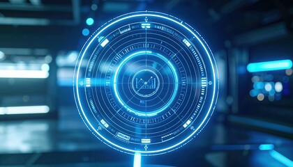 Poster - Highly detailed futuristic digital interface hologram with data analysis graphics and glowing blue accents in a modern technology environment