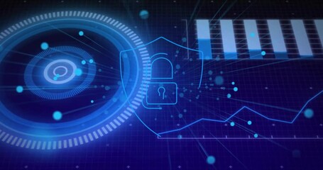 Poster - Pulsing HUD rings emitting particles drifting and forming padlock shield securing digital interface