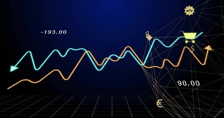 Poster - Wavy lines moving from left updating data entering network cart currency icons visualizing trends