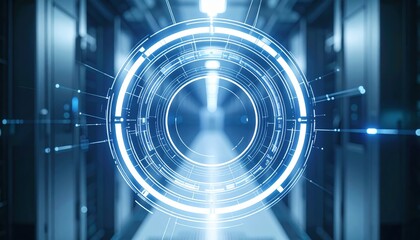 Poster - Futuristic digital interface with holographic circular data display and glowing blue technology elements in a modern high-tech server room setting