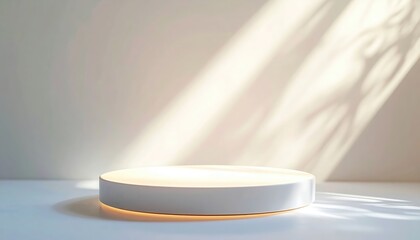 Poster - Minimalist round platform illuminated by soft natural light with shadows on neutral background ideal for product display clean aesthetic design