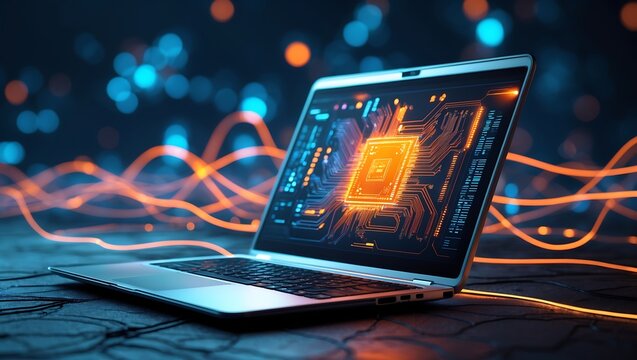 Silver Laptop Displaying Circuit Board Graphics with Orange and Blue Lights