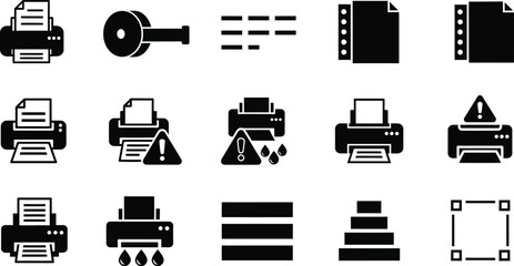Various black and white printer and document icons in a grid layout