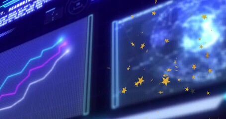 Poster - Rotating galaxy panel sending golden stars drifting across flickering graph showing data