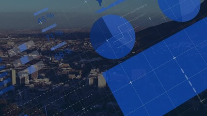 Poster - Starting with aerial cityscape, data elements animating charts graphs and grid to visualize metrics