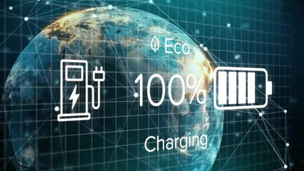 Aufkleber - Charging icon popping, battery percent rising, falling with Eco over Earth grid showing energy flow