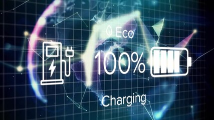 Poster - Eco charging display starting gauge cycling from 9% through 100% to 13% with rotating globe