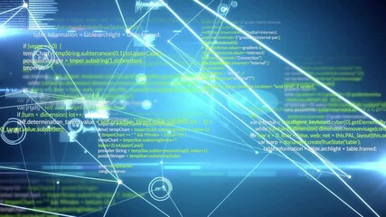 Poster - White nodes clustering initiating code blocks and data bar graphs growing showing network expansion