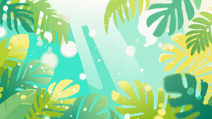 Poster - Tropical illustration of lush green leaves with vibrant colors and sunny beams