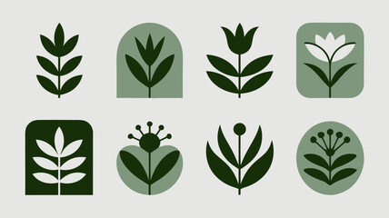 Poster - Collection of stylized green floral and plant illustrations on a light gray background