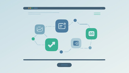 Leinwandbilder - Digital workflow illustration showing interconnected icons on a computer screen in flat design