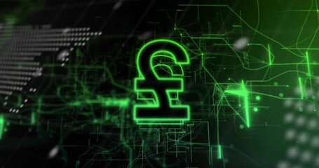 Poster - Green surge emerging along wires code, pound sign fading connecting world map and network lines