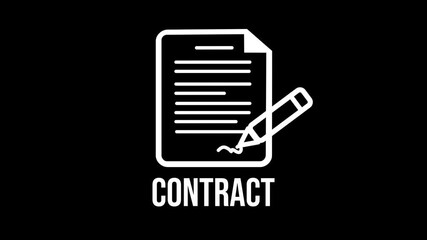 Poster - Simple icon animation of a document with the word contract and a pen for signing, black background
