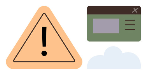 Poster - Orange warning triangle with exclamation mark, green website window, and cloud shape. Ideal for technology, caution, alert messaging, cybersecurity, data storage, internet issues simple flat metaphor