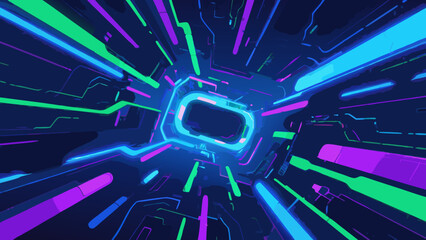 Poster - Futuristic neon tunnel with vibrant blue, green, and purple glowing lines in perspective