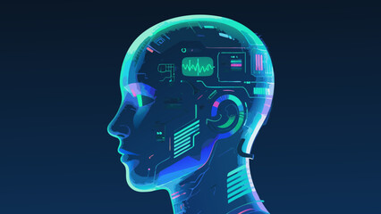 Poster - Futuristic illustration of a human head with digital interface and technology elements