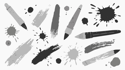 Poster - Hand-drawn ink splatters, paint strokes, and artistic tools on a white background