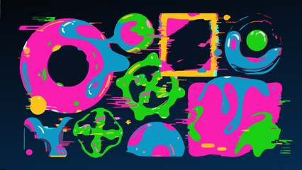 Poster - Abstract colorful shapes with glitch effects on a dark blue background illustration