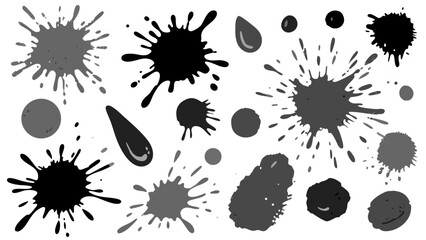 Poster - Collection of various black and gray ink blots splashes and drops on white background