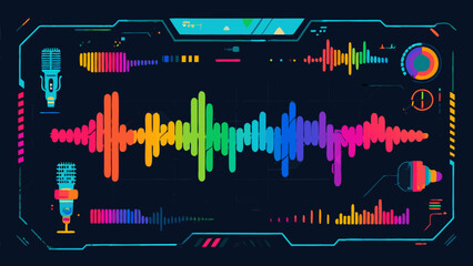 Poster - Colorful audio wave illustration on a futuristic digital user interface with microphones
