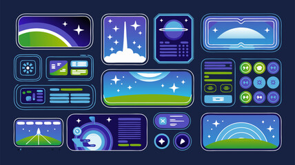 Poster - Colorful space-themed vector illustration with various UI elements and design components