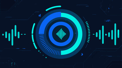 Poster - Futuristic digital audio visualization interface with sound wave signals and circles design