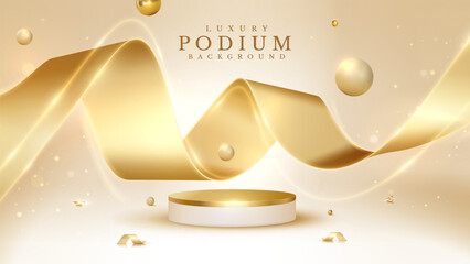 Wall Mural - Empty elegant podium golden on cream color background with light neon effects and glow bokeh with gold ball decorations. Luxury scene design concept.