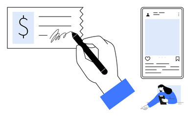 Poster - Hand signing document with ink pen, dollar symbol, social media interface on smartphone screen, person holding tablet. Ideal for finance, technology, social media, e-commerce, contracts business