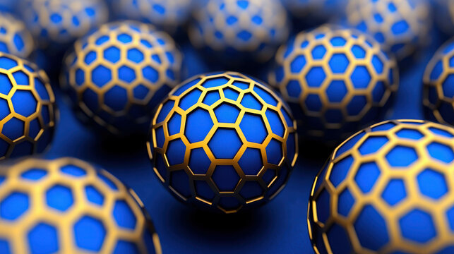Abstract 3D rendering of blue spheres with hexagonal patterns and golden outlines creating a captivating visual background for technology and science concepts