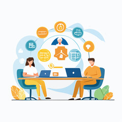 Leinwandbilder - Illustration of two people working together with laptops at a desk with icons above