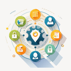 Fototapete - Circular illustration of business and technology icons representing security and concepts