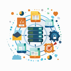 Poster - Colorful illustration of data server, documents, and security elements on a white background