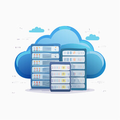 Fototapete - Colorful illustration of cloud computing with server racks and blue clouds in the background