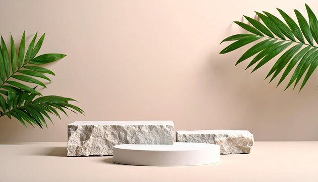 Minimalist podium display with palm leaves