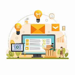 Leinwandbilder - Digital illustration of online survey concept with computer screen and ideas
